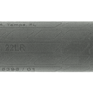 Close-up of a gray firearm suppressor.