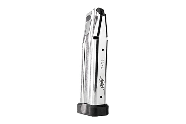 Silver magazine for a firearm, 9mm caliber.