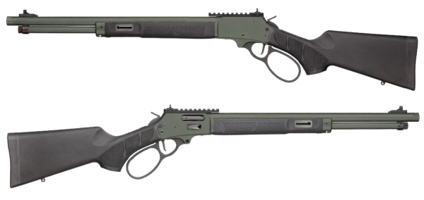 Two green lever-action rifles on a white background.