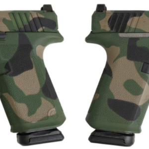 Two camouflaged pistols displayed side by side.