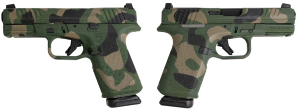 Two camouflaged pistols displayed side by side.