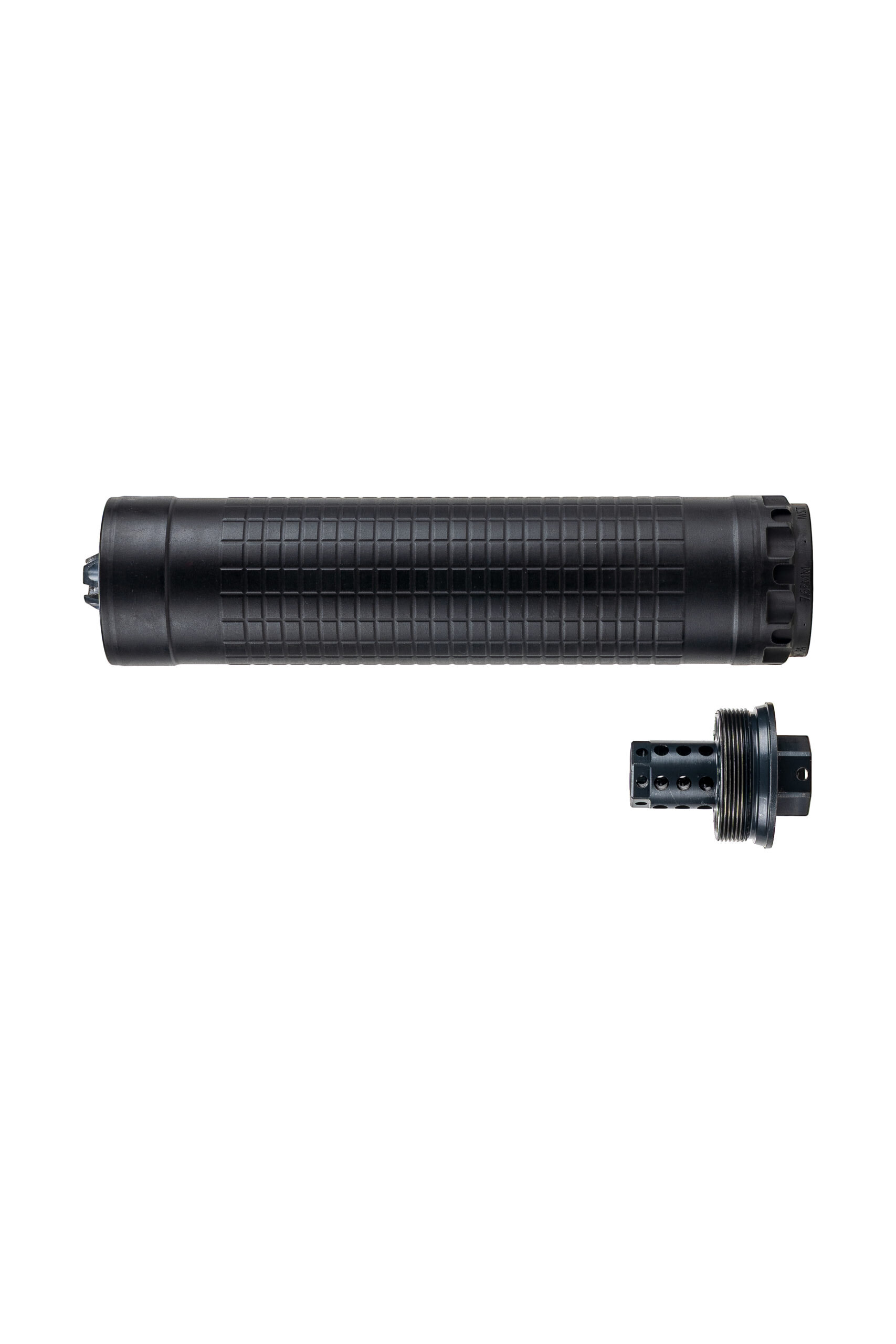 Black cylindrical device with threaded attachment