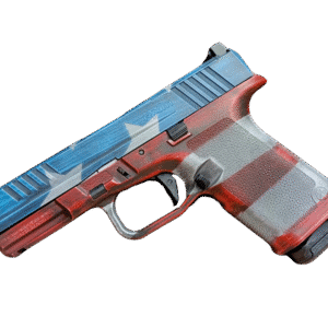 Patriotic-themed handgun with red, white, and blue design.