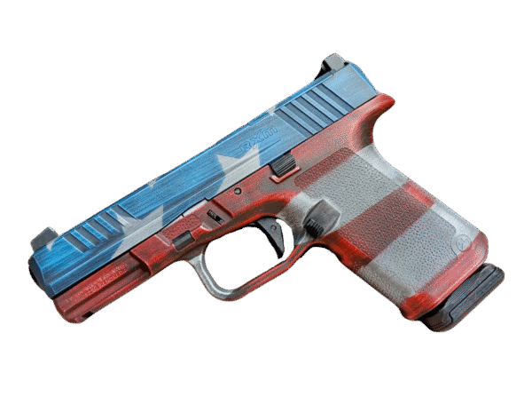 Patriotic-themed handgun with red, white, and blue design.