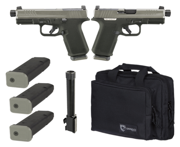 Two handguns with magazines and carrying case.