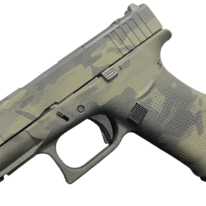 Glock 43X handgun in camouflage pattern.