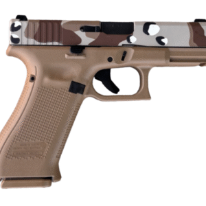 Tan and camo-patterned handgun on white background.