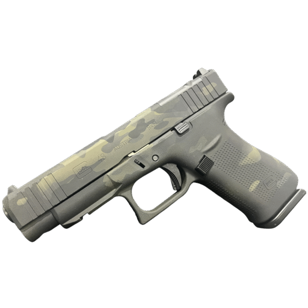 Glock pistol with camouflage pattern design.