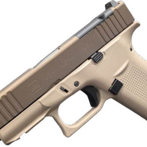 Side view of a Glock pistol in tan color.