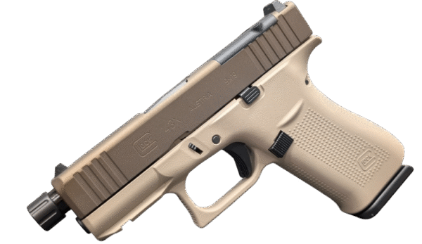 Side view of a Glock pistol in tan color.