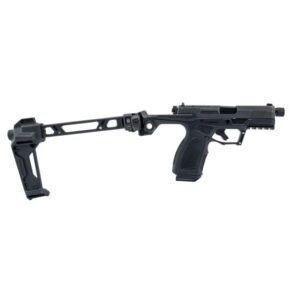 Black firearm with adjustable stock attachment.