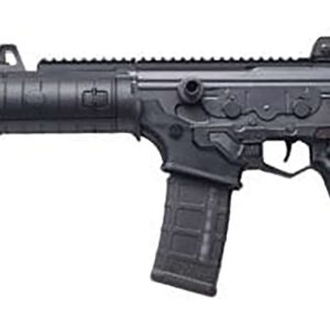 Black automatic firearm, side view.