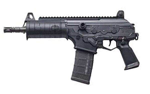 Black automatic firearm, side view.
