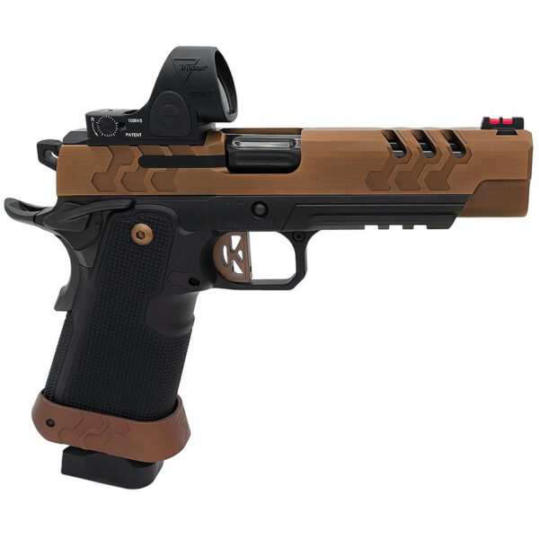 Modern handgun with tactical sight and unique design.
