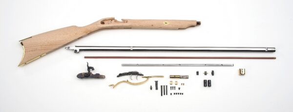 Disassembled rifle parts arranged on a white background.