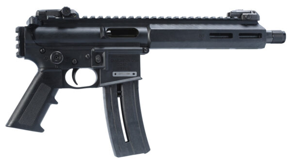 Side view of a modern firearm with magazine.