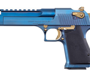 Blue Desert Eagle pistol with gold accents.