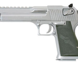 Silver handgun with green grip.
