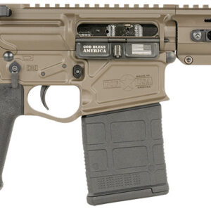 Side view of a tactical firearm with a rail system.