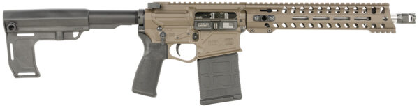 Side view of a tactical firearm with a rail system.