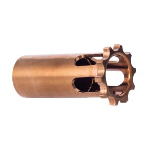 Metallic gear component with circular openings.