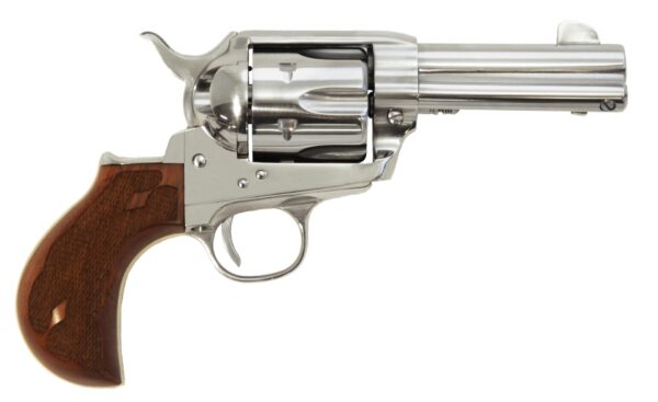 Silver revolver with wooden grip displayed sideways.