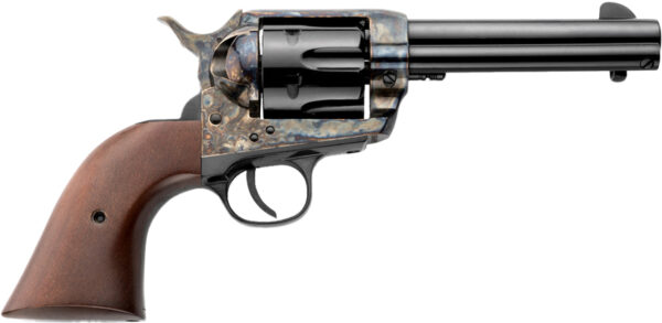 Classic revolver with wooden handle and chrome finish.