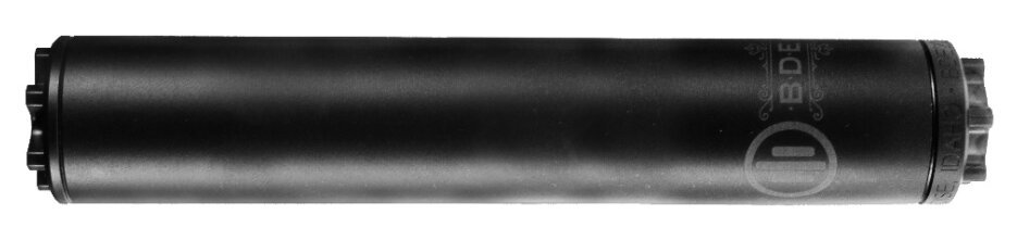 Black cylindrical suppressor for firearms.