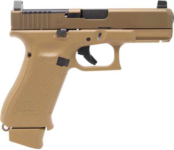 Tan semi-automatic handgun on a white background.