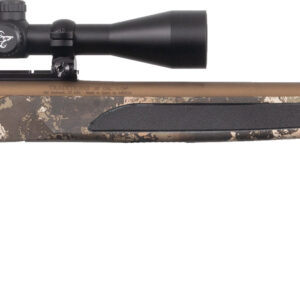 Side view of a camouflaged hunting rifle.