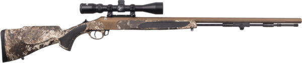 Side view of a camouflaged hunting rifle.