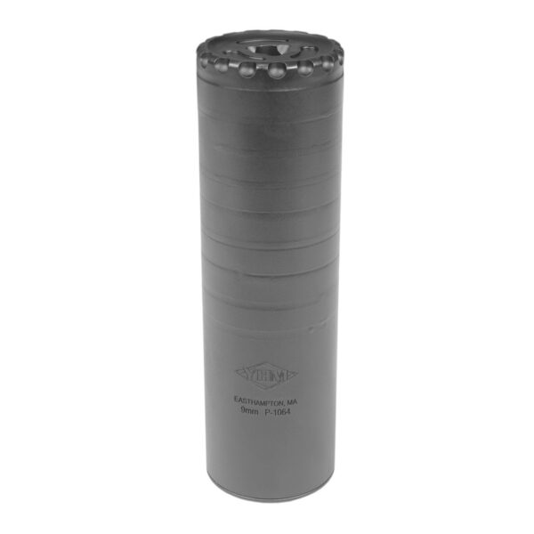 Gray firearm suppressor with textured grip.