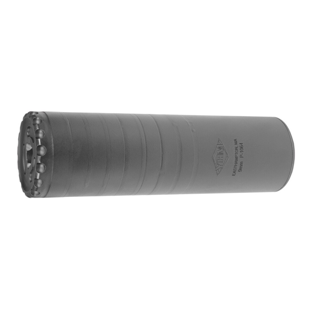 Gray firearm suppressor with textured grip.