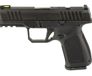 Black semi-automatic pistol on white background