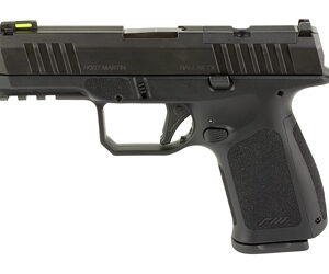 Black semi-automatic handgun displayed to the side.