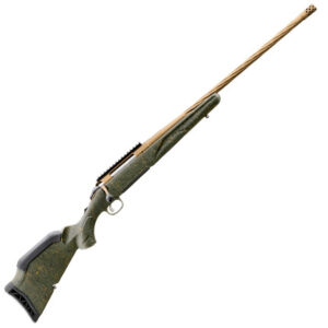 Green hunting rifle with a long barrel.
