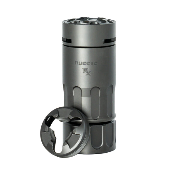 Rugged gray suppressor with detachable end cap.