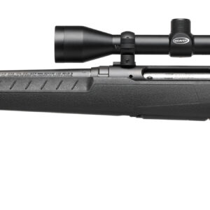Black hunting rifle with scope, side view.