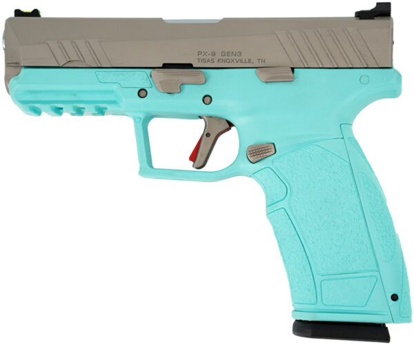 turquoise semi-automatic pistol with modern design
