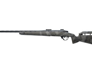 Side view of a camouflaged rifle.