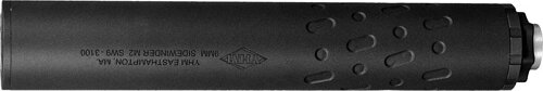 Black firearm suppressor with textured surface.