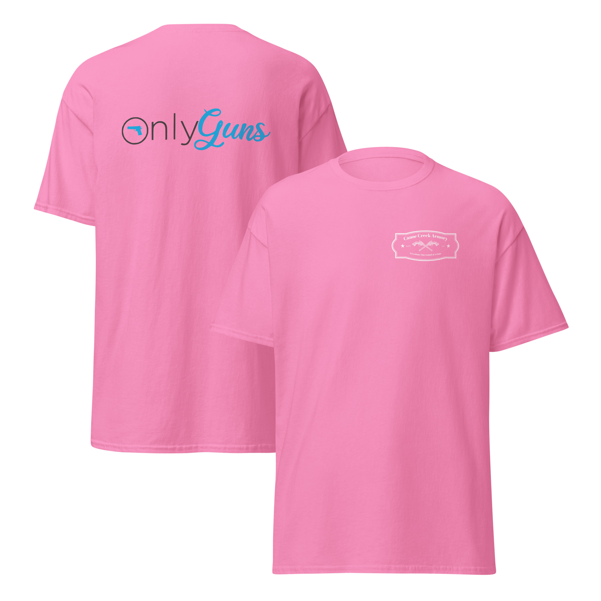 Pink t-shirt with graphic designs on front and back