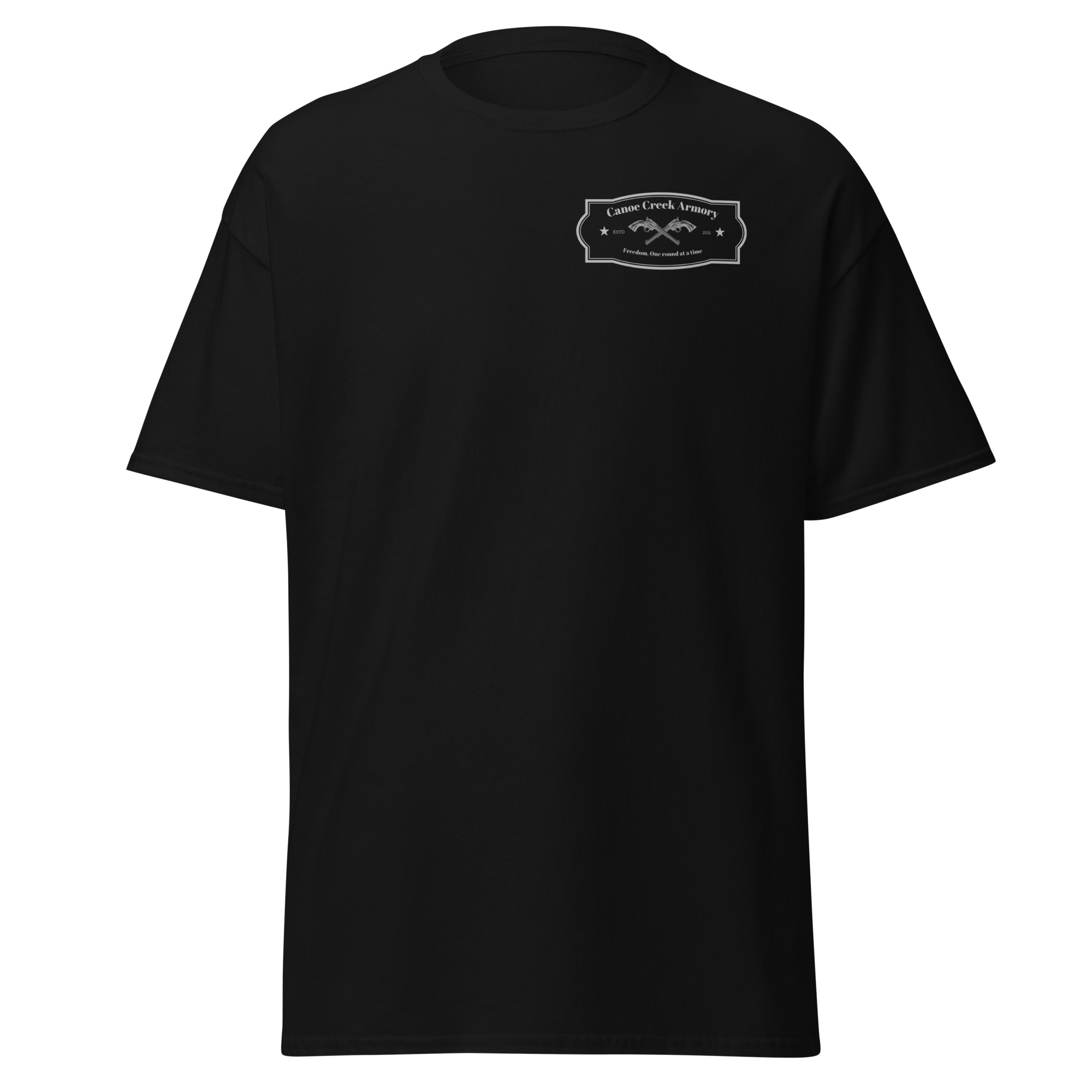 Black t-shirt with decorative logo design