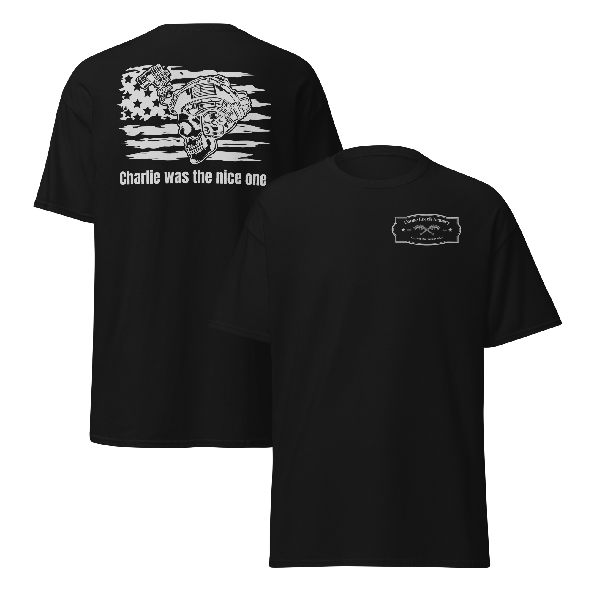 Black t-shirt featuring a graphic design.