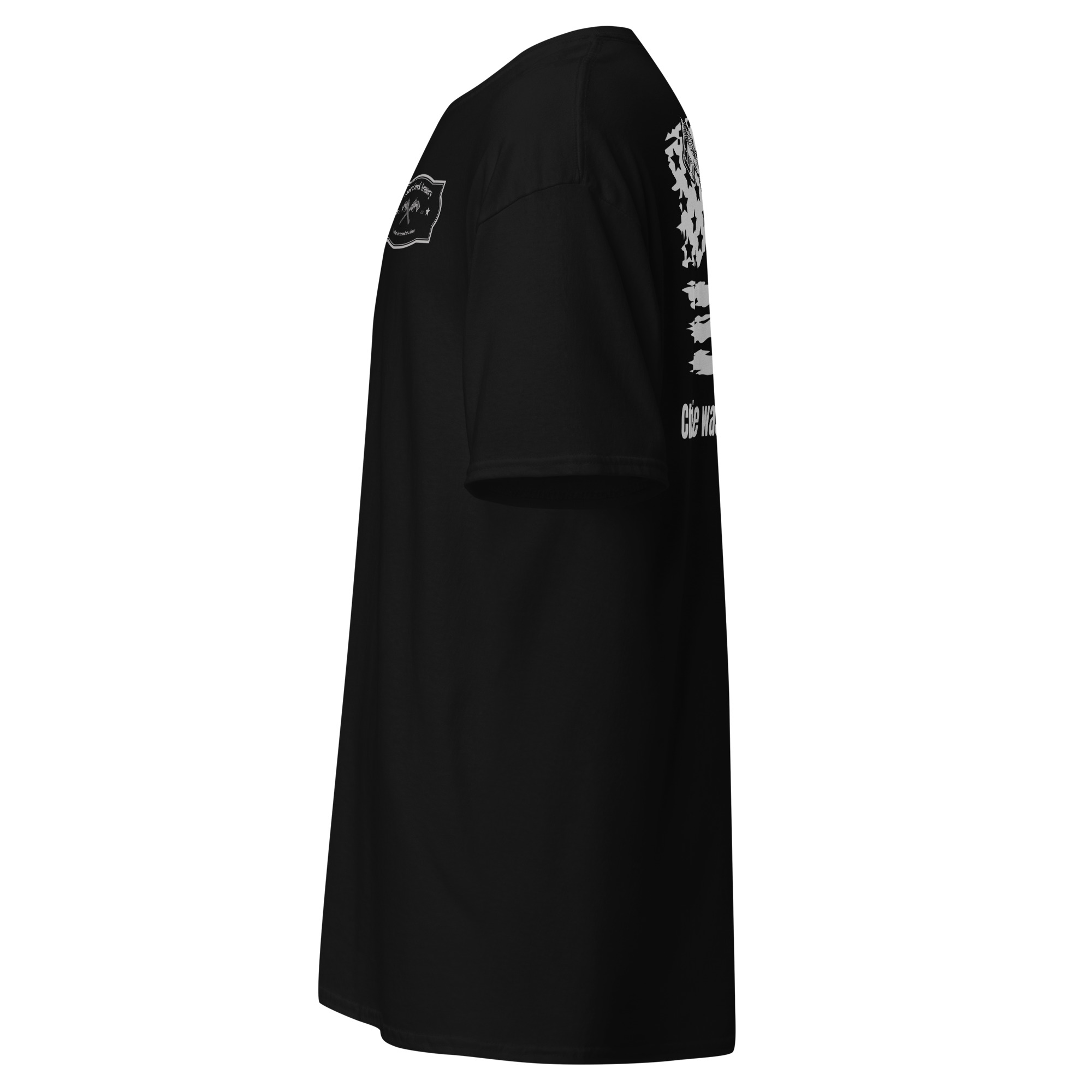 Black t-shirt displayed from the side view.