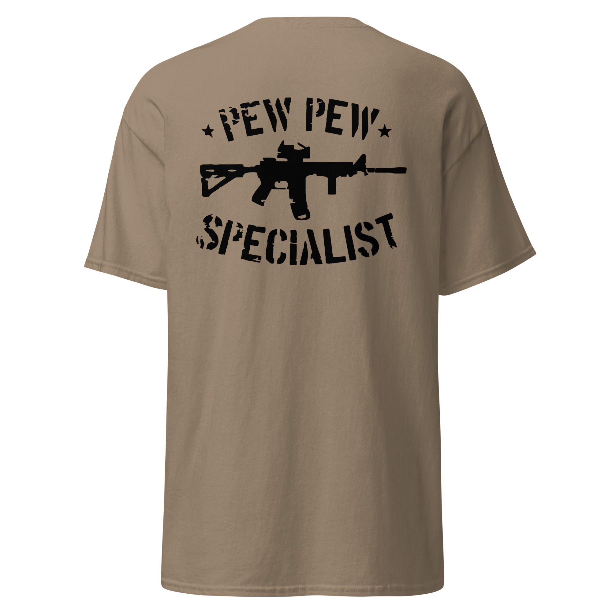 Beige t-shirt with graphic text and rifle design.