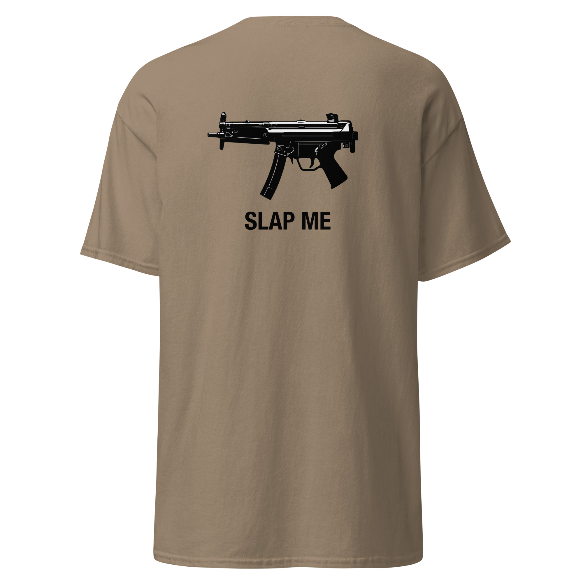 Tan t-shirt with graphic of a gun and text.