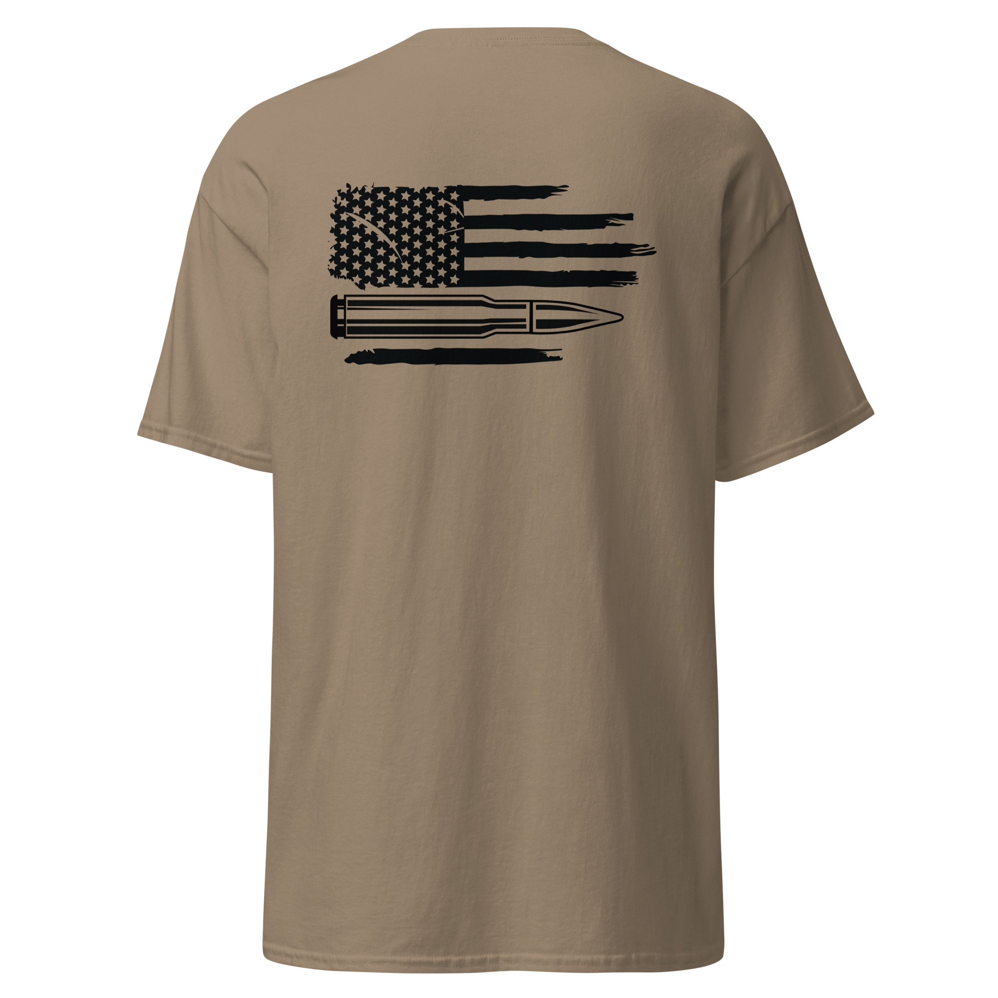 T-shirt featuring an American flag and bullet design.