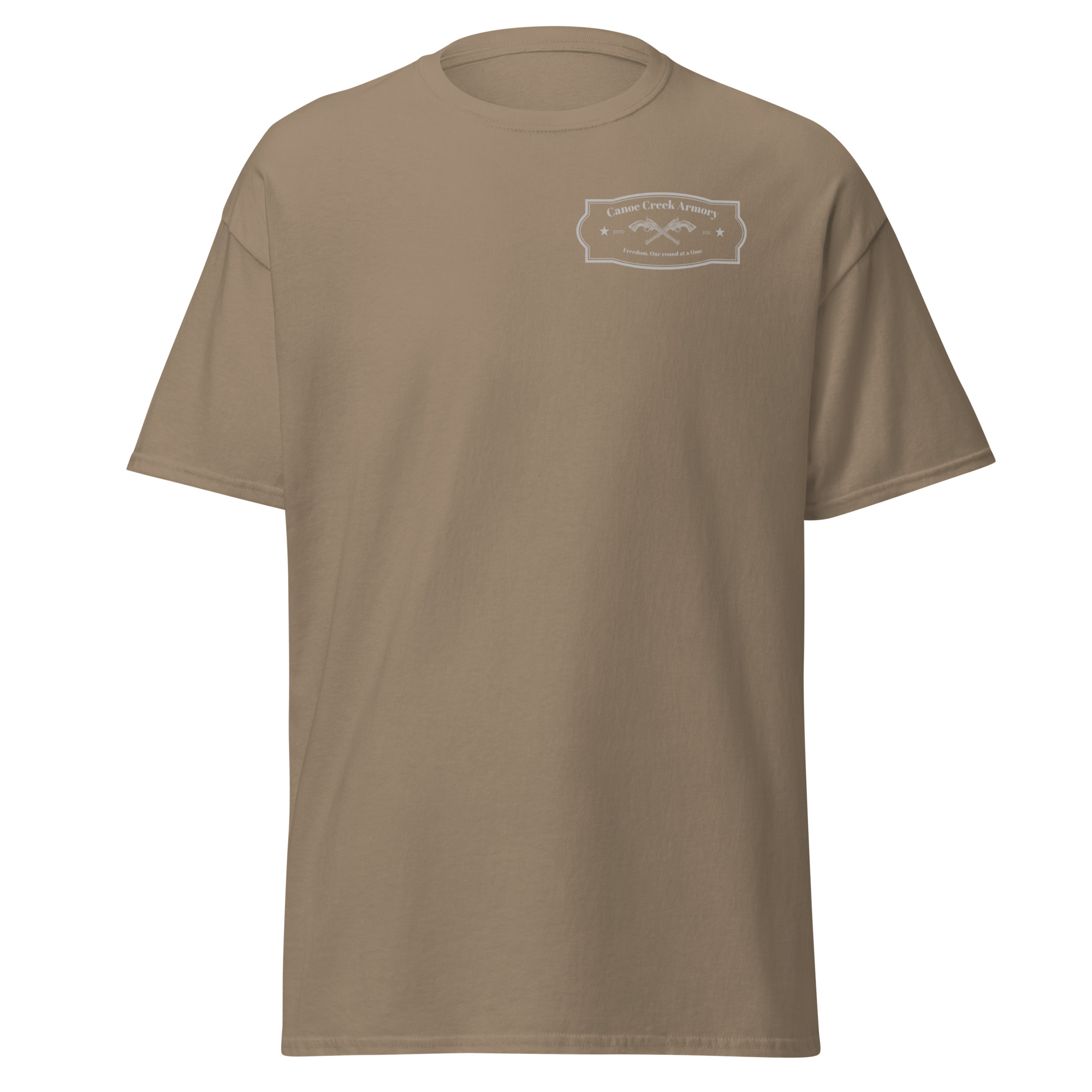 Khaki t-shirt with a mountain logo design.