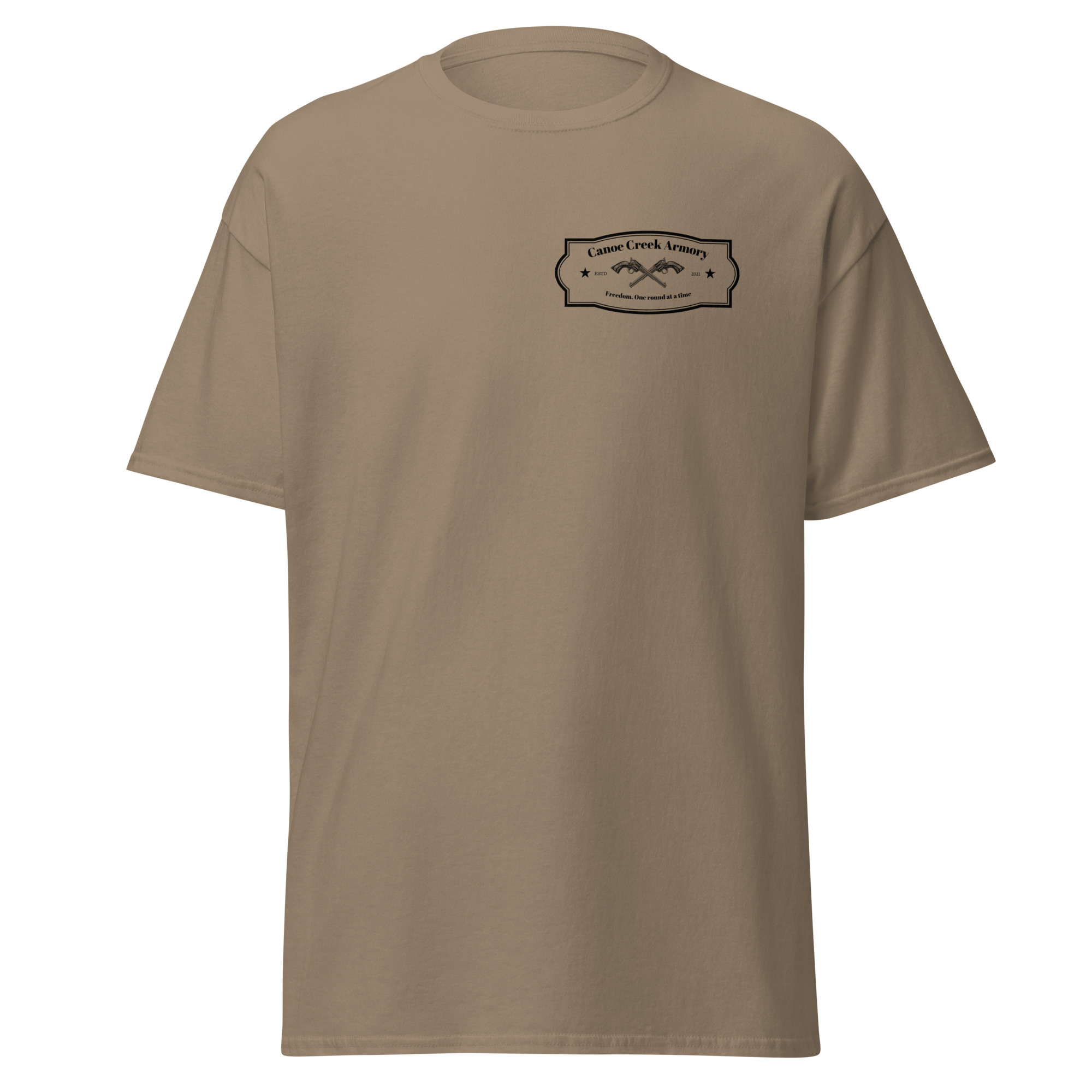Beige t-shirt with Caine Creek Armory logo